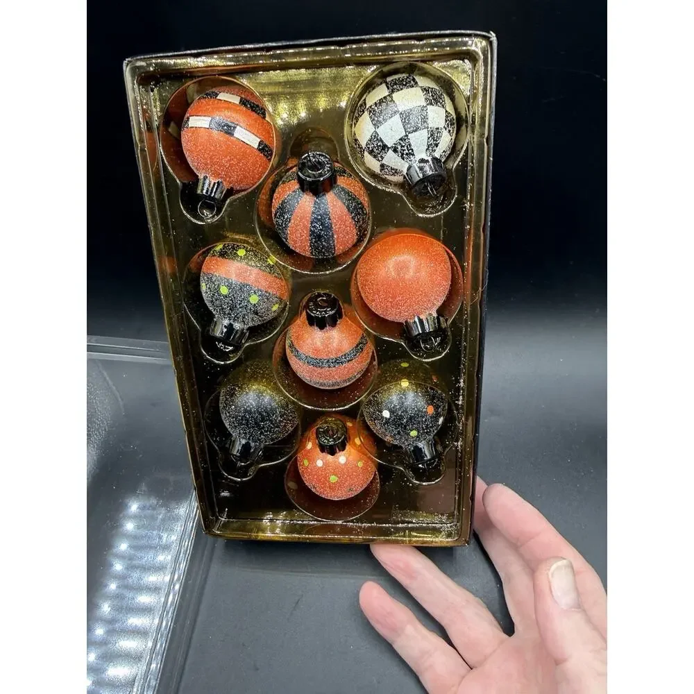 9 Vtg HALLMARK Blow Glass Halloween Ornaments DOTS AND STRIPES MIB -44D